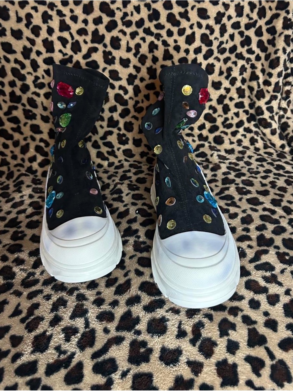 Comfortable Black High-Top Slip-On Sneakers with Multicolor Gem Accents
